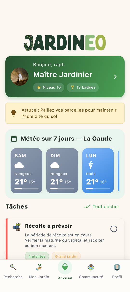 Écran d'accueil avec météo sur 7 jours et calendrier